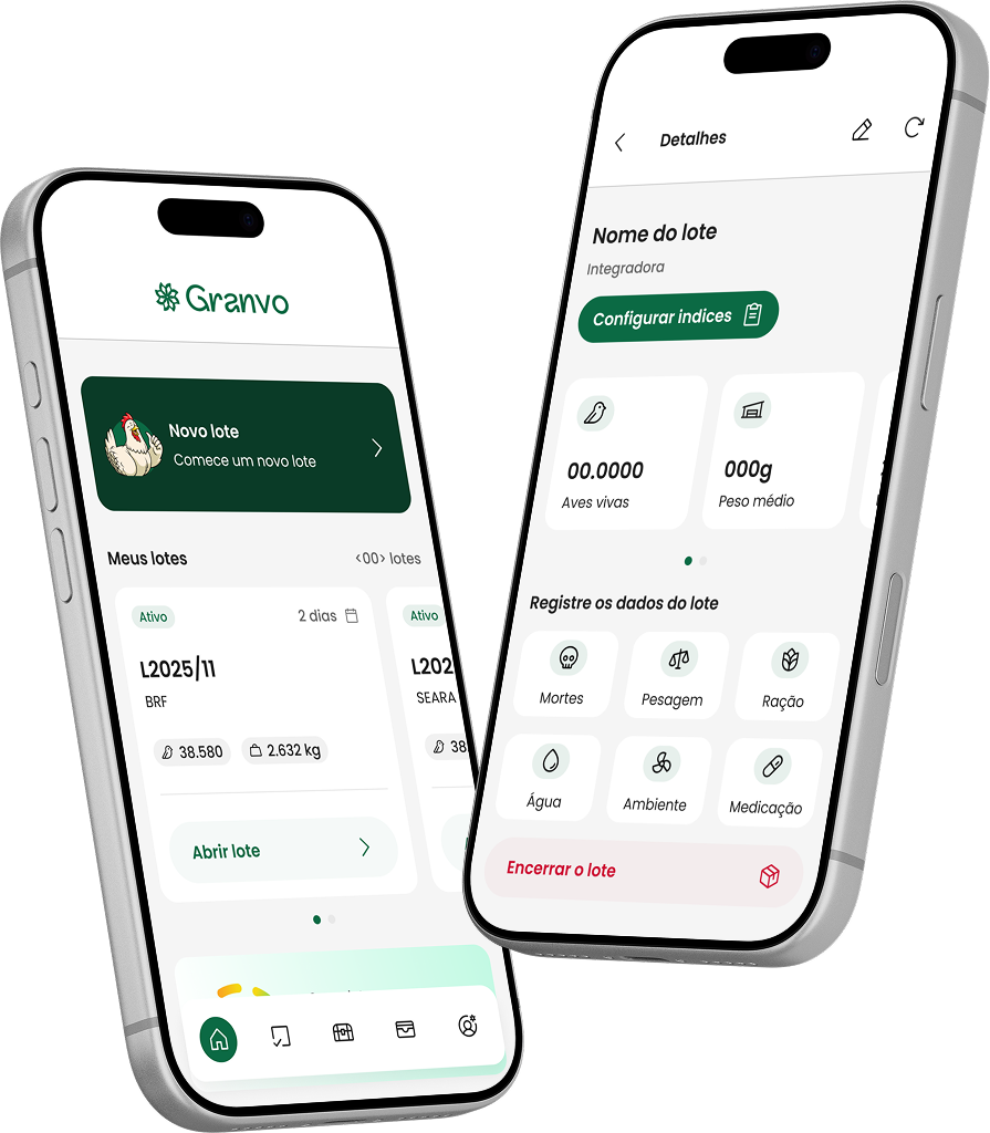 Granvo App - Telas do aplicativo mostrando gestão de lotes